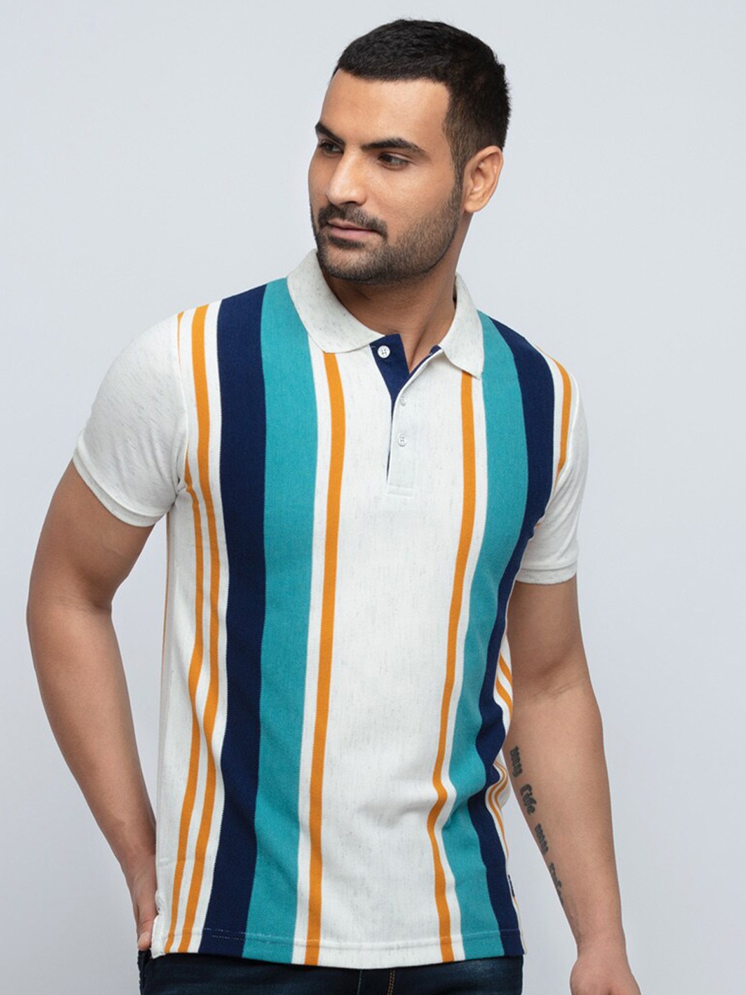 

Status Quo Men Mustard Yellow Striped Polo Collar Raw Edge Slim Fit T-shirt