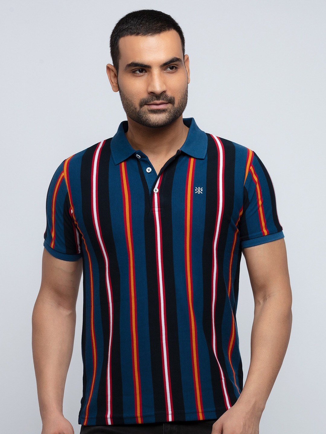 

Status Quo Men Navy Blue Striped Polo Collar Slim Fit T-shirt