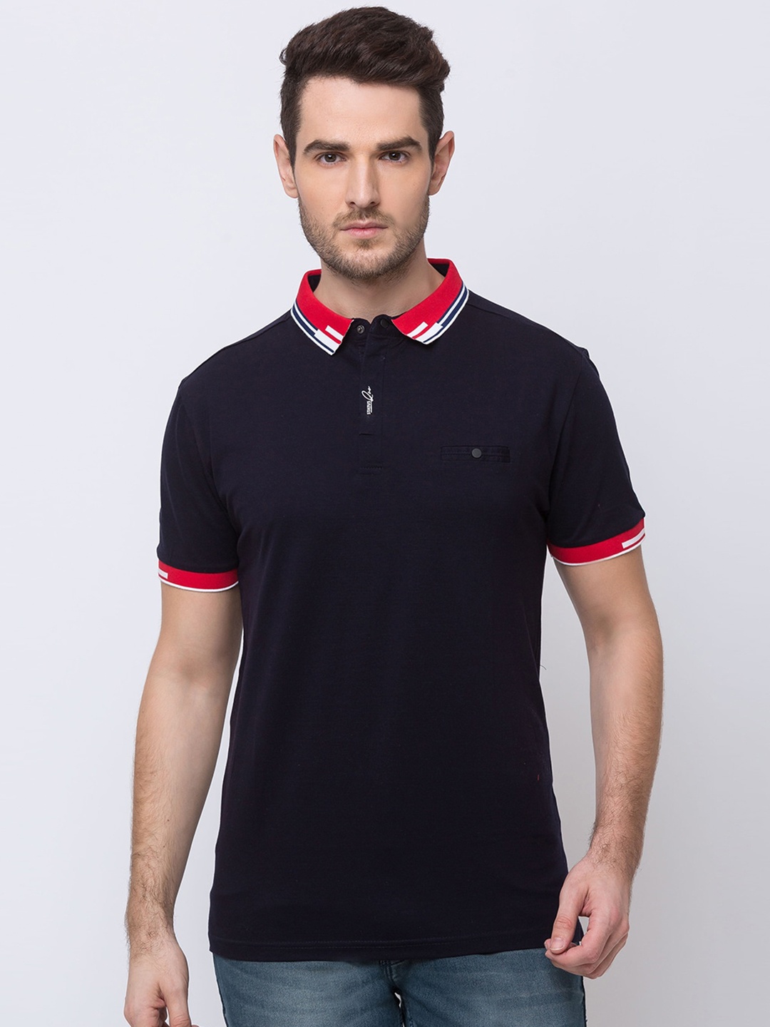 

Status Quo Men Navy Blue Polo Collar Applique Slim Fit T-shirt