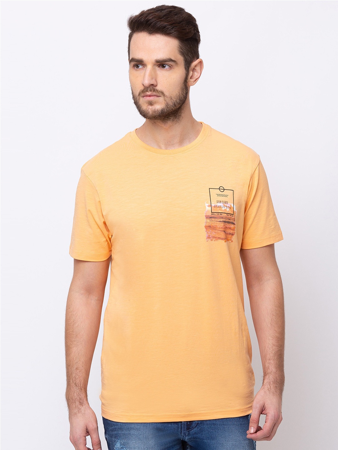 

Status Quo Men Orange Typography V-Neck Slim Fit T-shirt