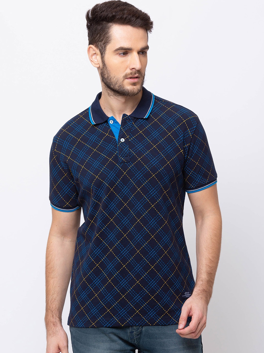 

Status Quo Men Navy Blue Checked Polo Collar Slim Fit T-shirt