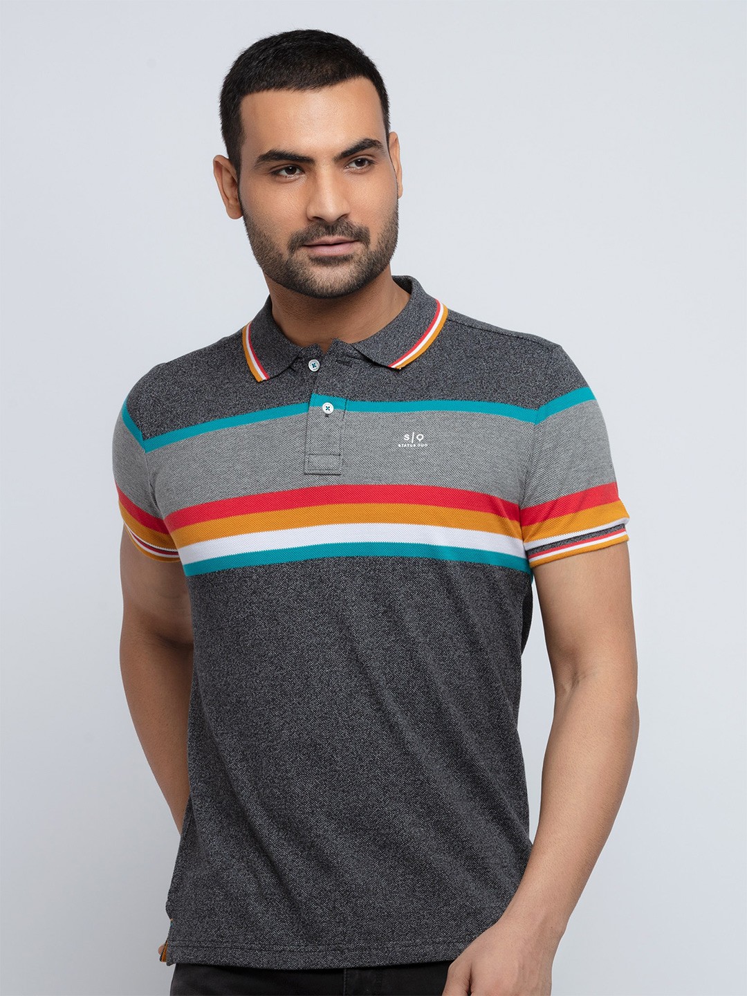 

Status Quo Men Black Striped Polo Collar Slim Fit T-shirt