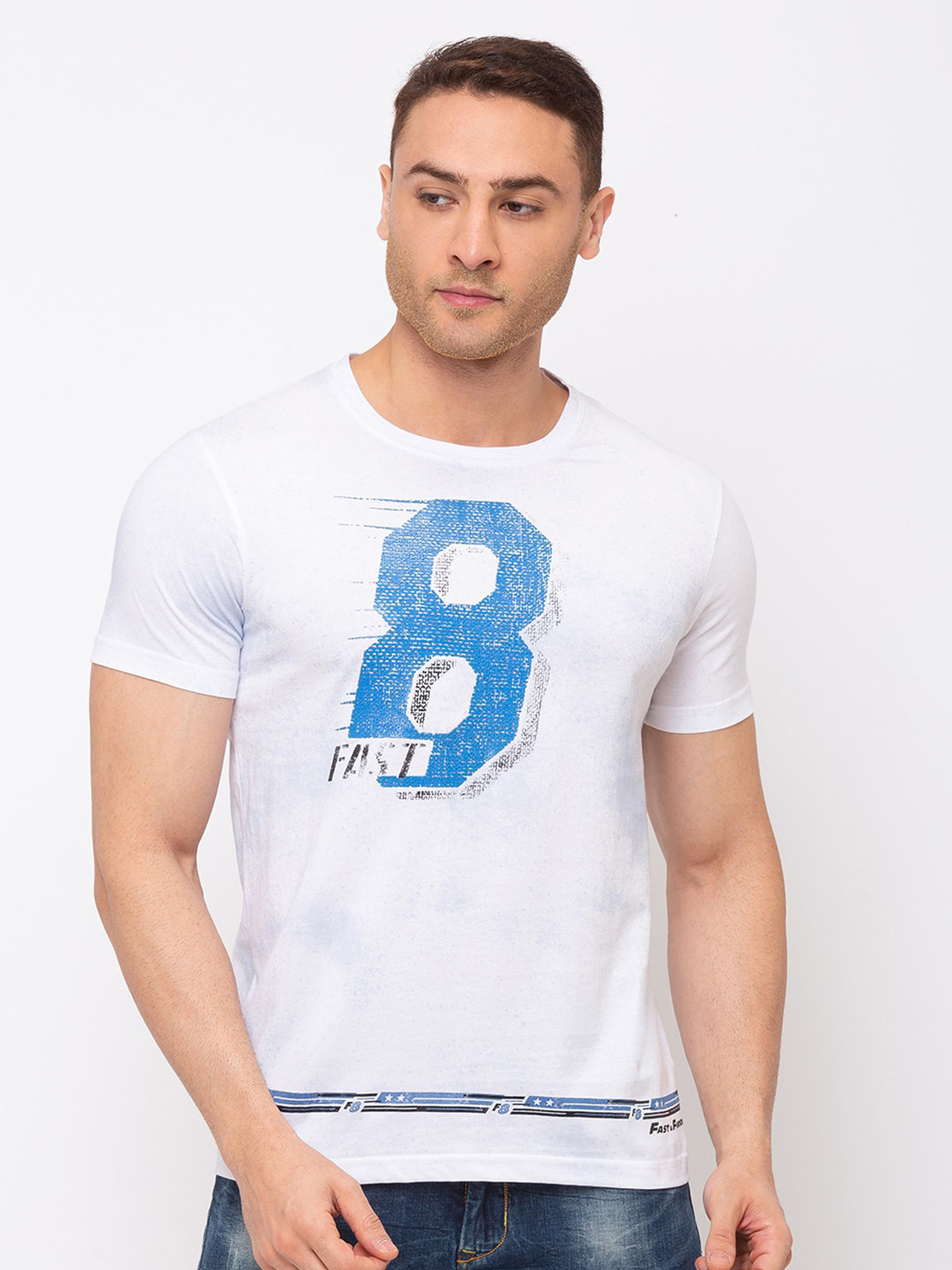 

Status Quo Men White Printed Raw Edge Slim Fit T-shirt