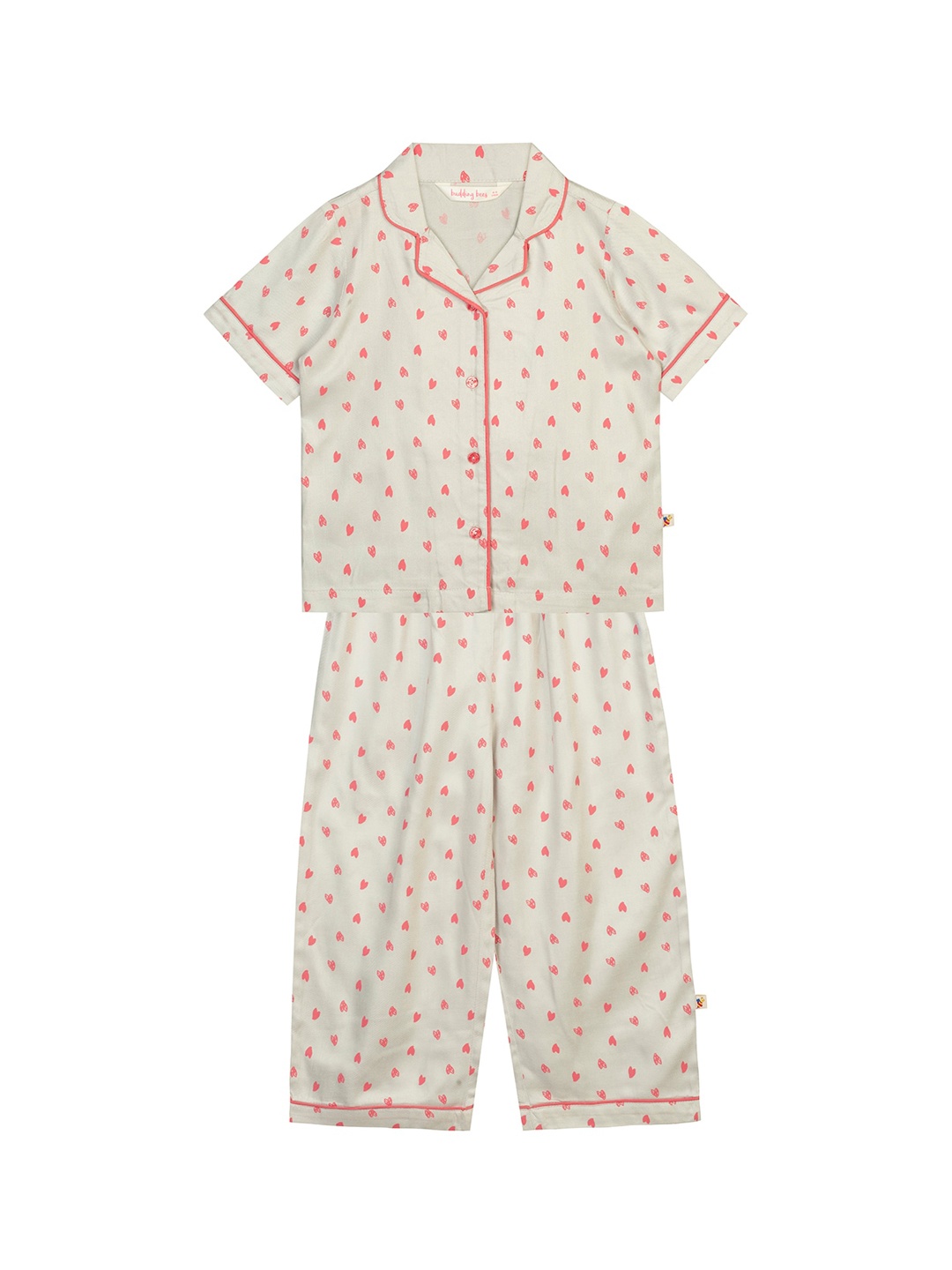 

Budding Bees Girls Off White & Pink Printed Night suit