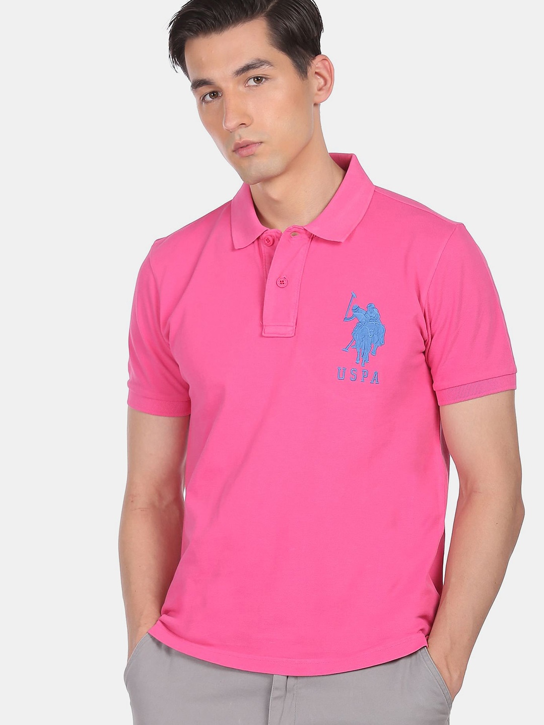 

U S Polo Assn Men Pink Polo Collar Applique T-shirt
