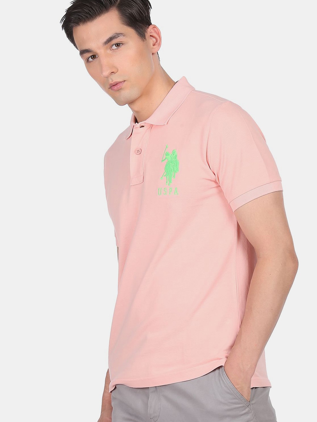 

U S Polo Assn Men Pink Polo Collar Drop-Shoulder Sleeves T-shirt