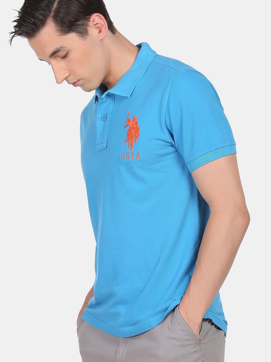 

U S Polo Assn Men Blue Typography Printed Polo Collar Applique T-shirt