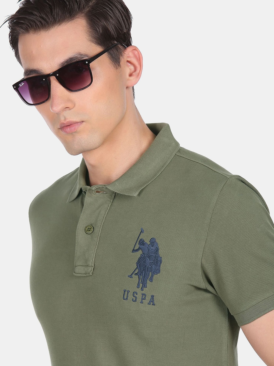 

U S Polo Assn Men Green Polo Collar Extended Sleeves Applique T-shirt
