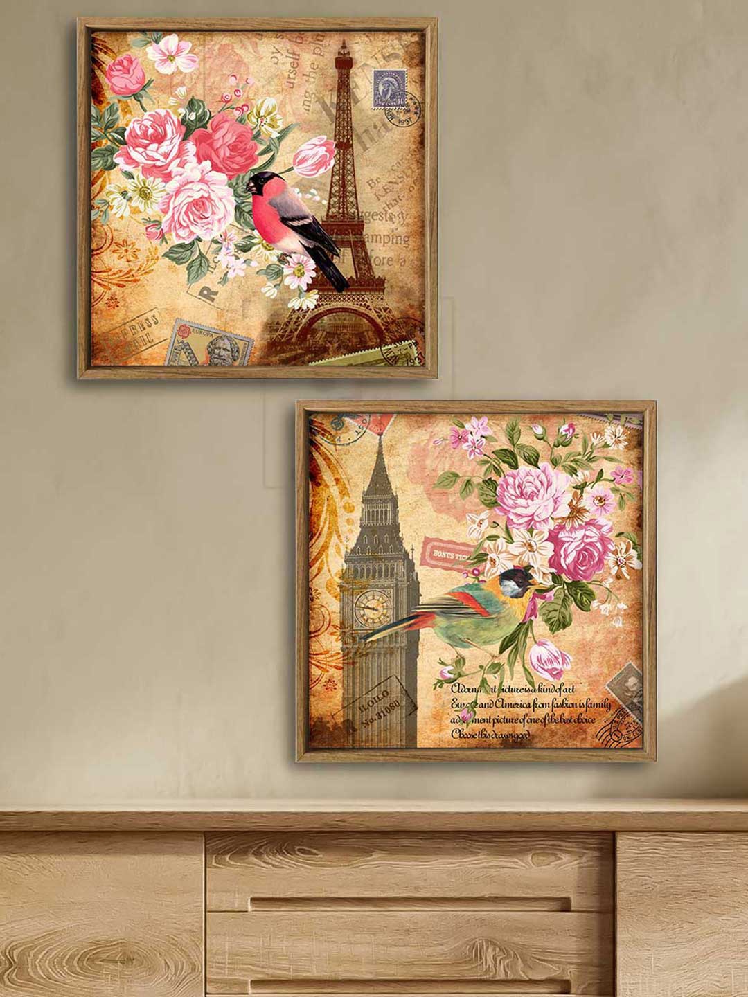 

Art Street Set Of 2 Camel-Brown & Pink Floral Bird Paris Canvas Wall Painting