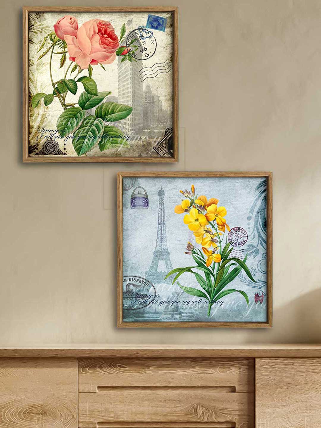 

Art Street Set Of 2 Floral & Paris Theme Canvas Wall Painting, Blue