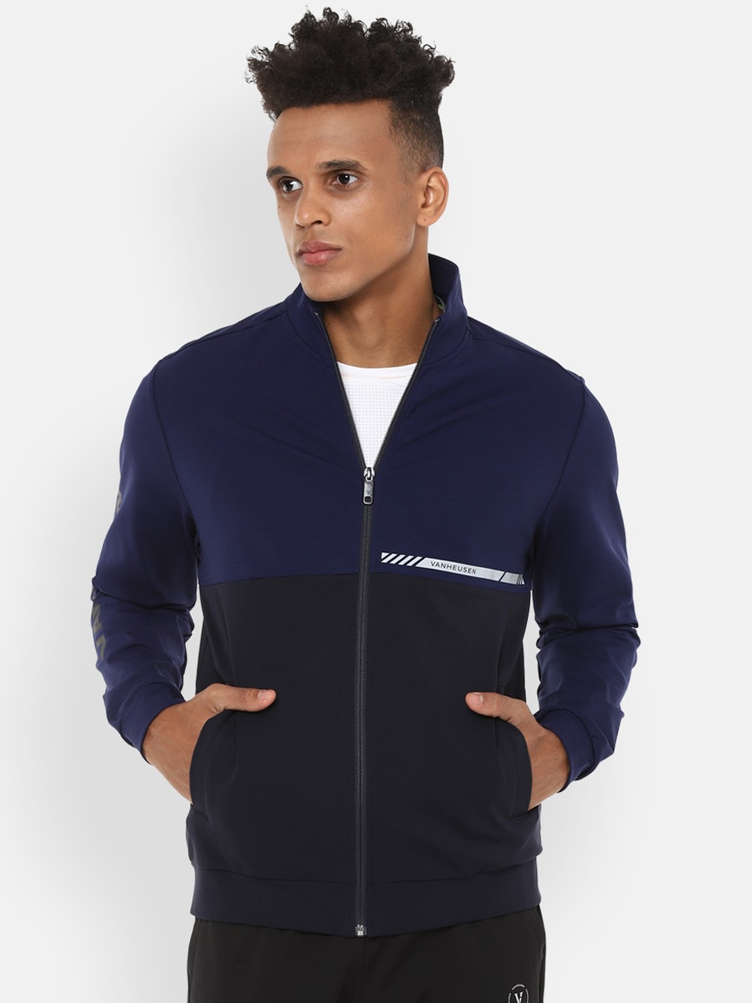

Van Heusen Flex Men Navy Blue Colourblocked Bomber Jacket