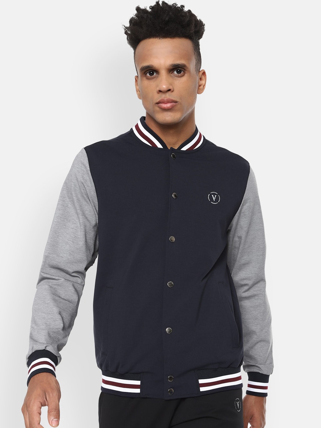

Van Heusen Flex Men Navy Blue Colourblocked Tailored Jacket with Embroidered
