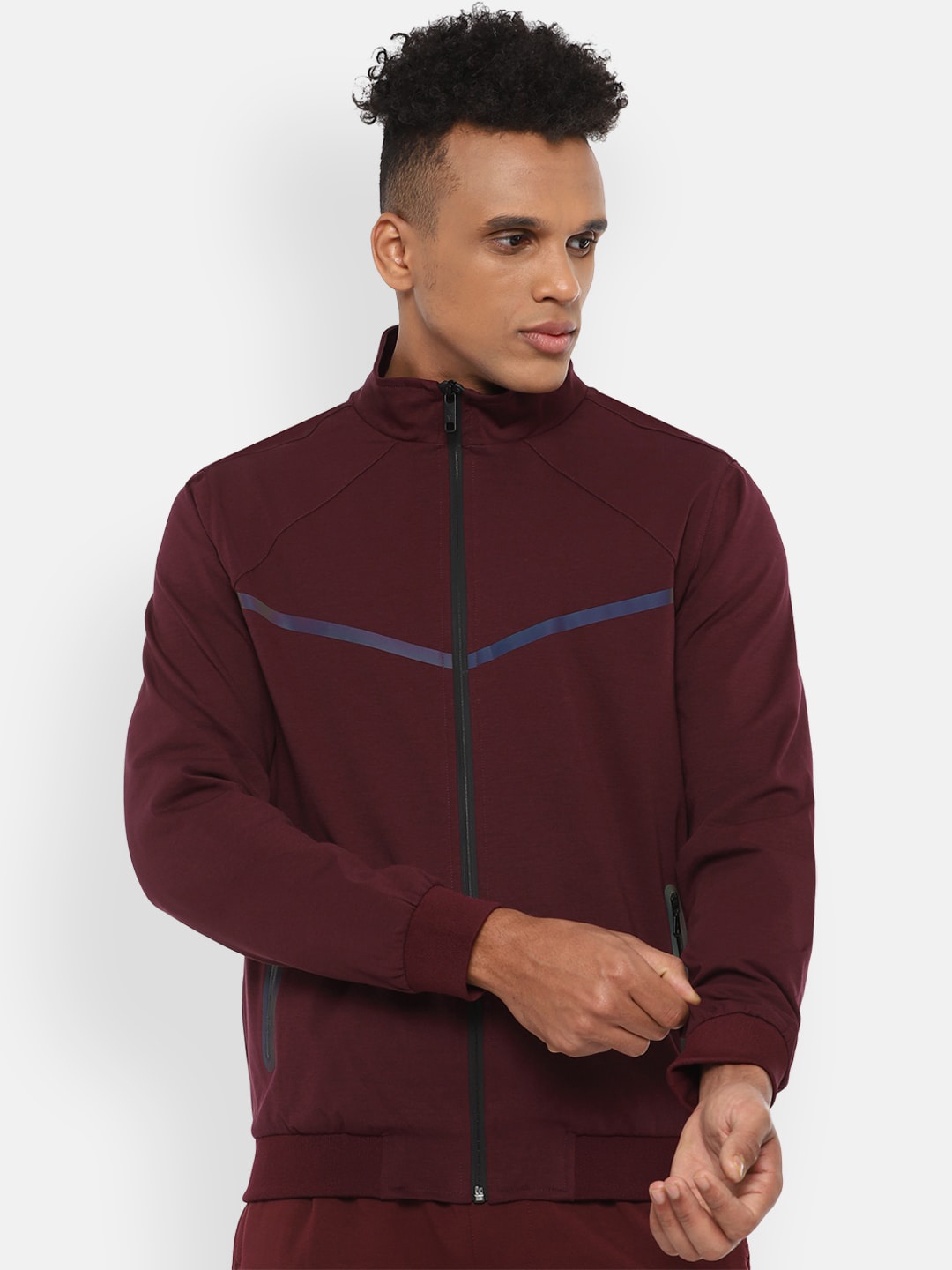 

Van Heusen Flex Men Maroon Geometric Striped Sporty Jacket