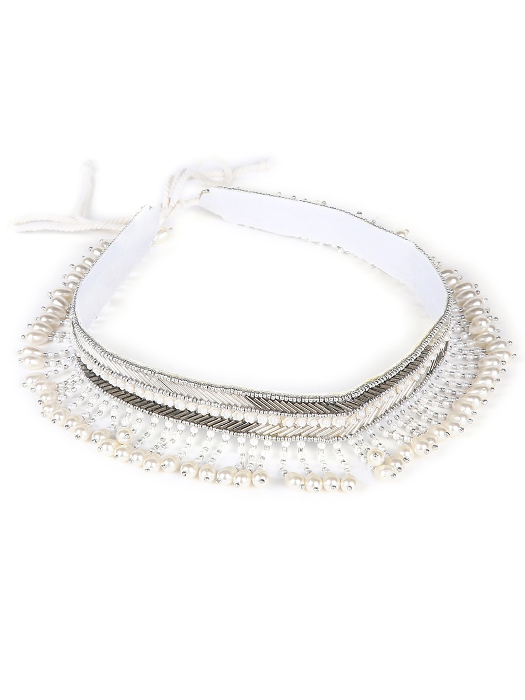 

justpeachy Silver-Toned & Pearl Beaded Embellished Saree Belt