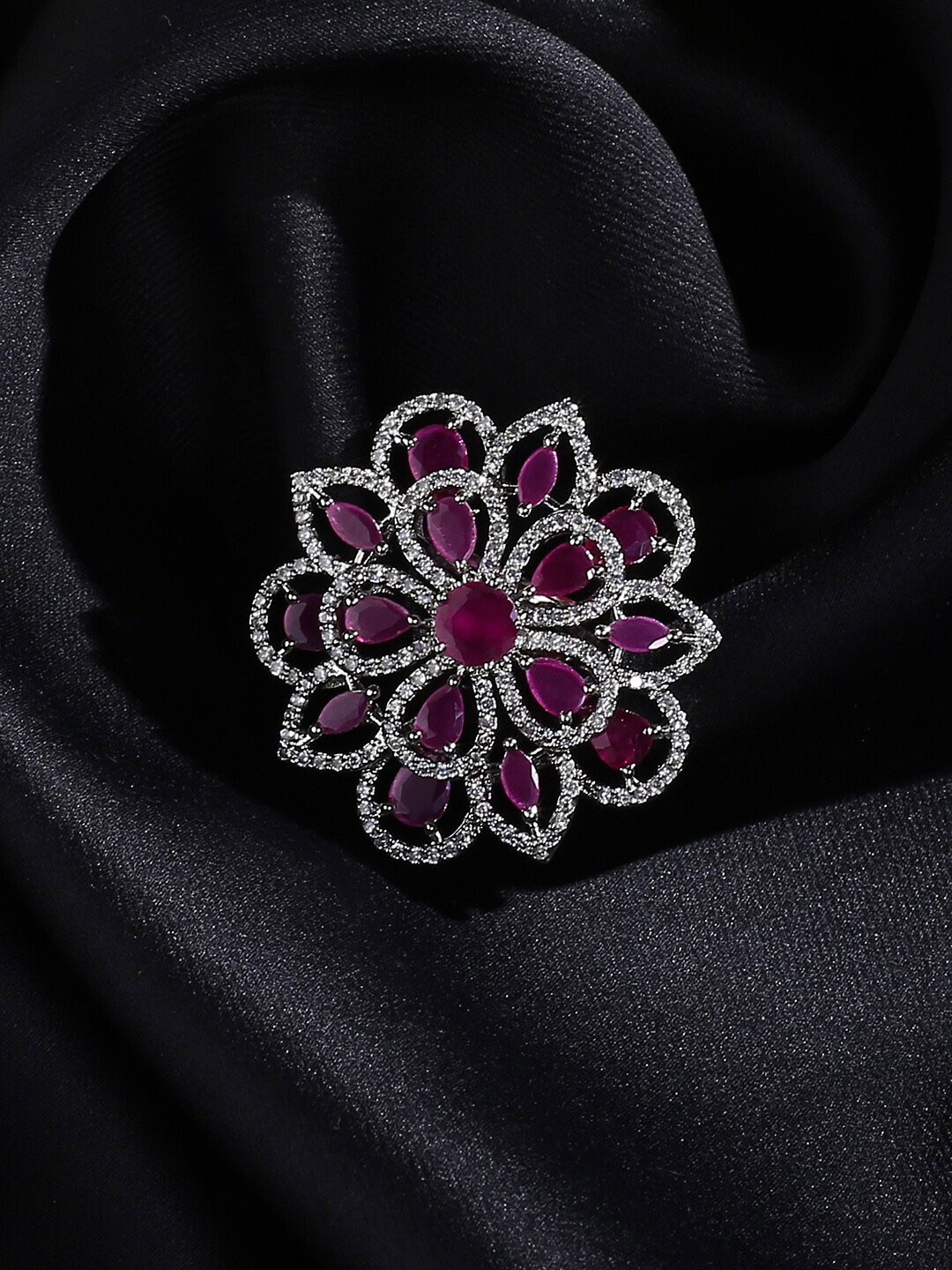 

justpeachy Silver-Plated White & Pink AD-Studded Finger Ring