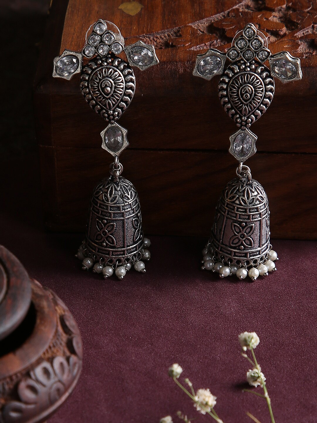 

justpeachy Silver-Toned Contemporary Jhumkas Earrings