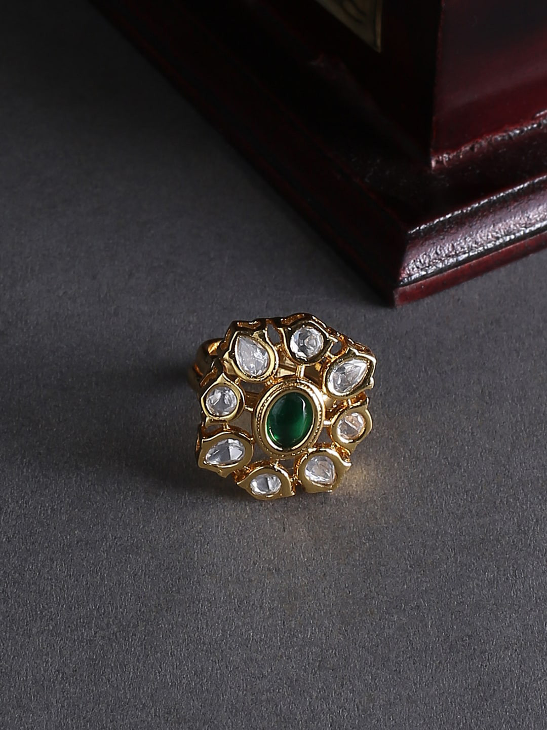 

justpeachy Gold-Plated Green & White Kundan-Studded Finger Ring