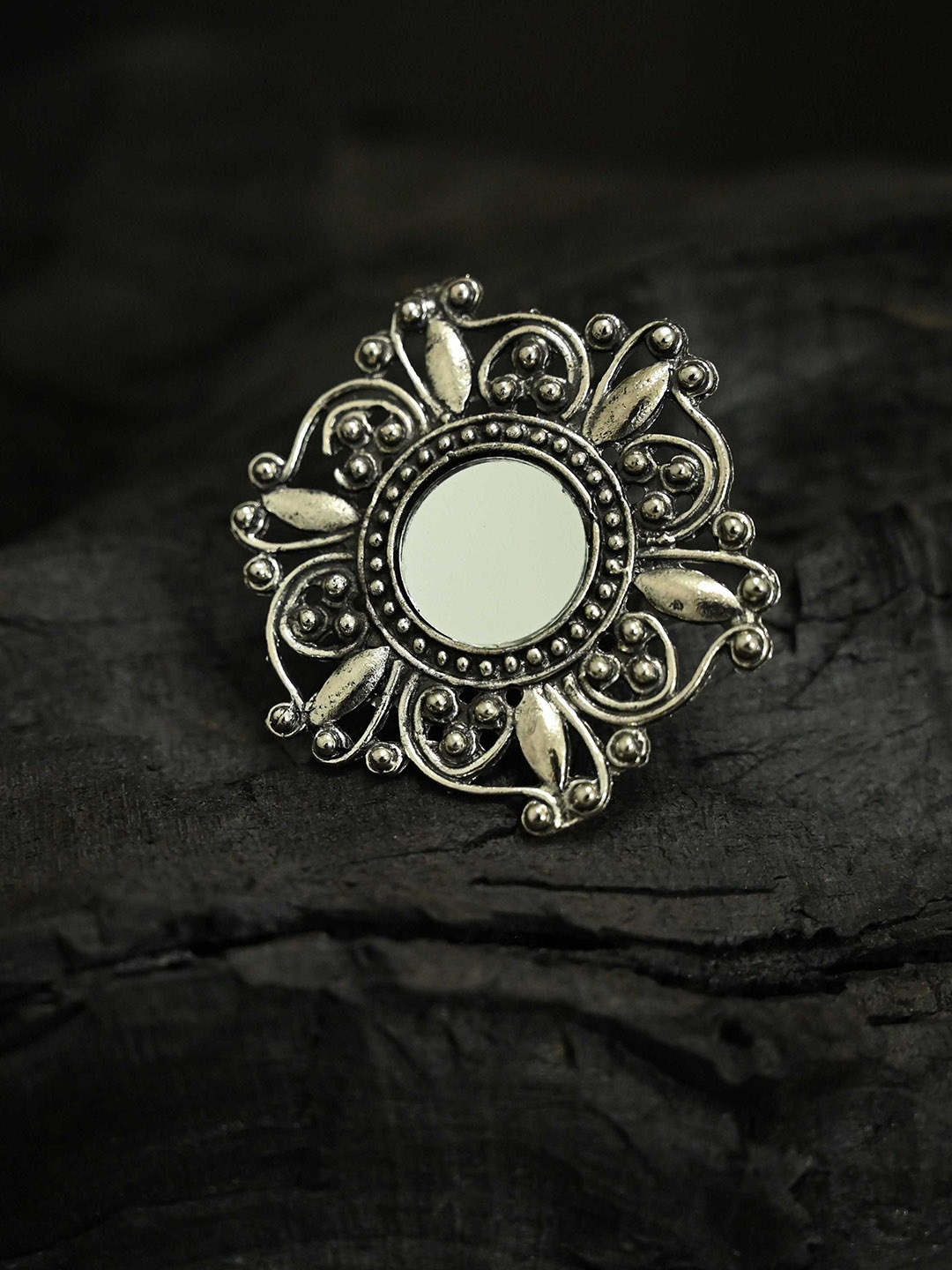 

justpeachy Silver-Plated White Stone Studded Oxidized Adjustable Finger Ring