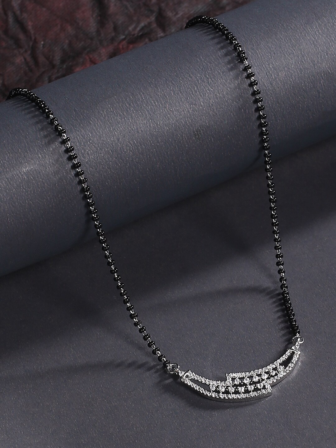 

justpeachy Women Rhodium Plated Black Beaded & Silver AD-Studded Mangalsutra