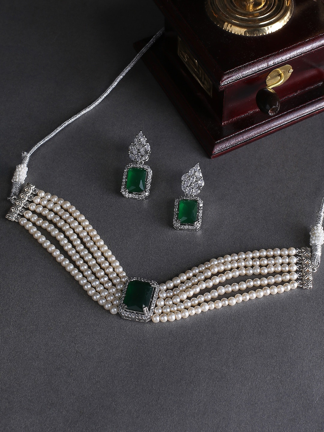 

justpeachy Women White & Green Silver Plated Layered Jewellery Set