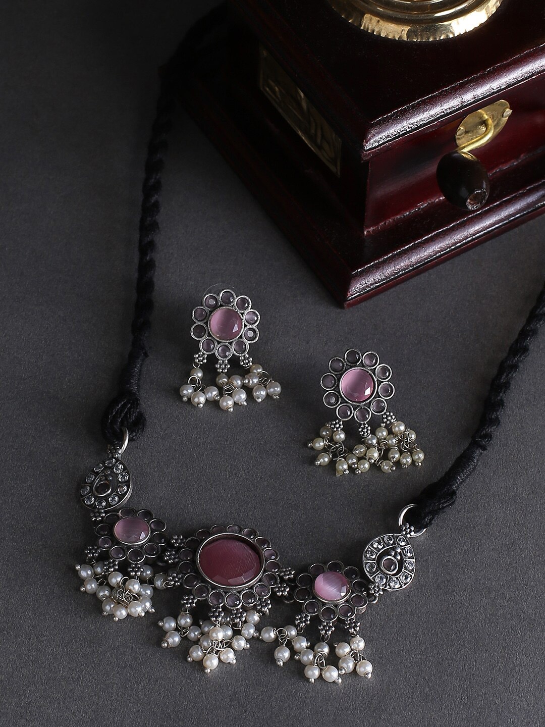

justpeachy Silver-Plated Pink & White Stone Studded & Beaded Jewellery Set