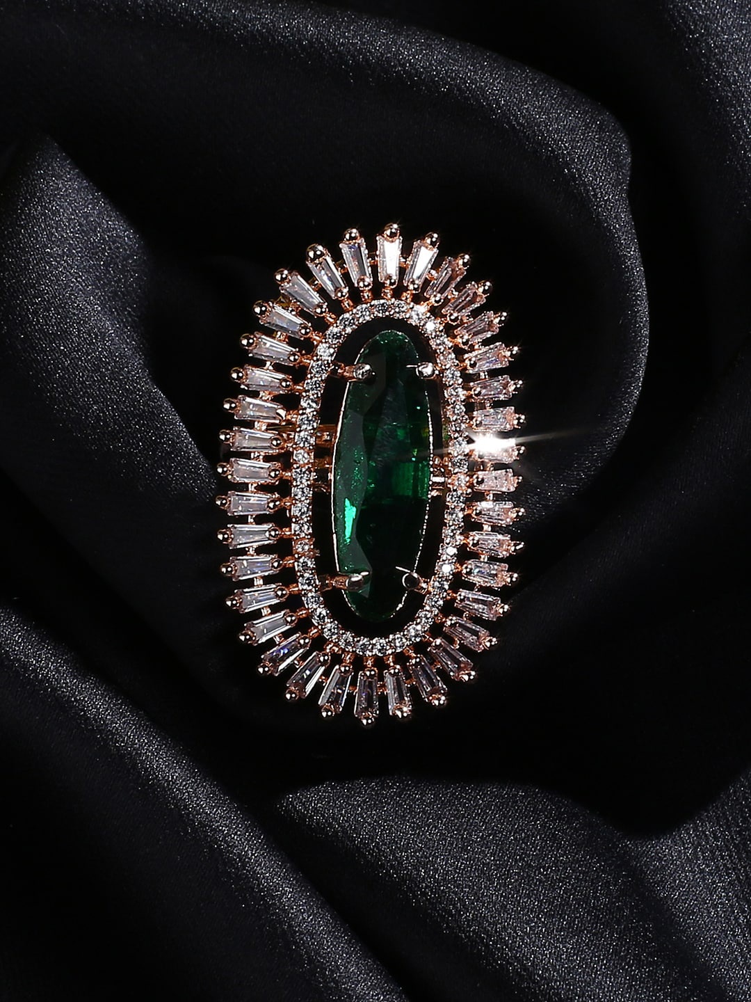 

justpeachy Rose Gold-Plated & Green AD-Studded Finger Ring