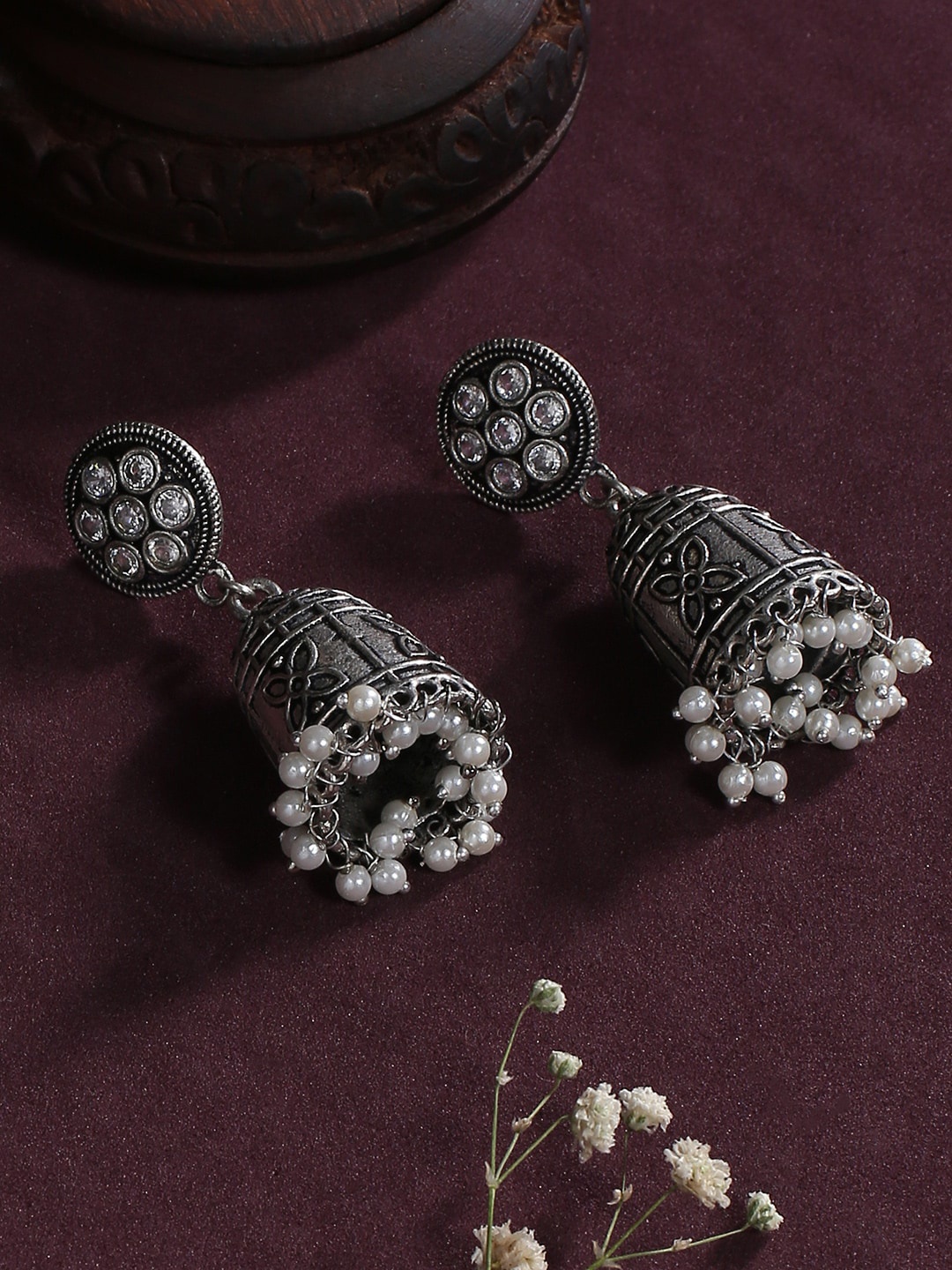 

justpeachy Silver-Toned Contemporary Jhumkas Earrings