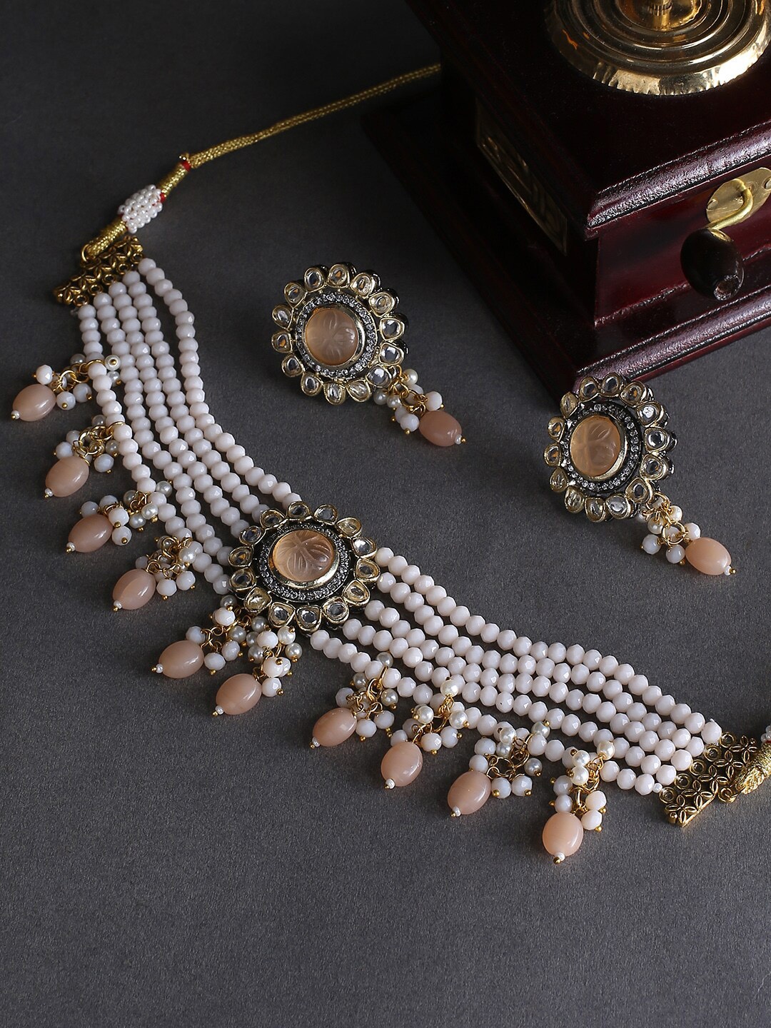 

justpeachy Gold-Plated Off-White & Yellow Stone-Studded & Beaded Jewellery Set