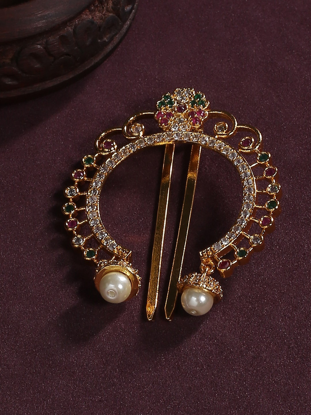 

justpeachy Gold-Plated White & Pink Stone-Studded & Beaded Bun Pin