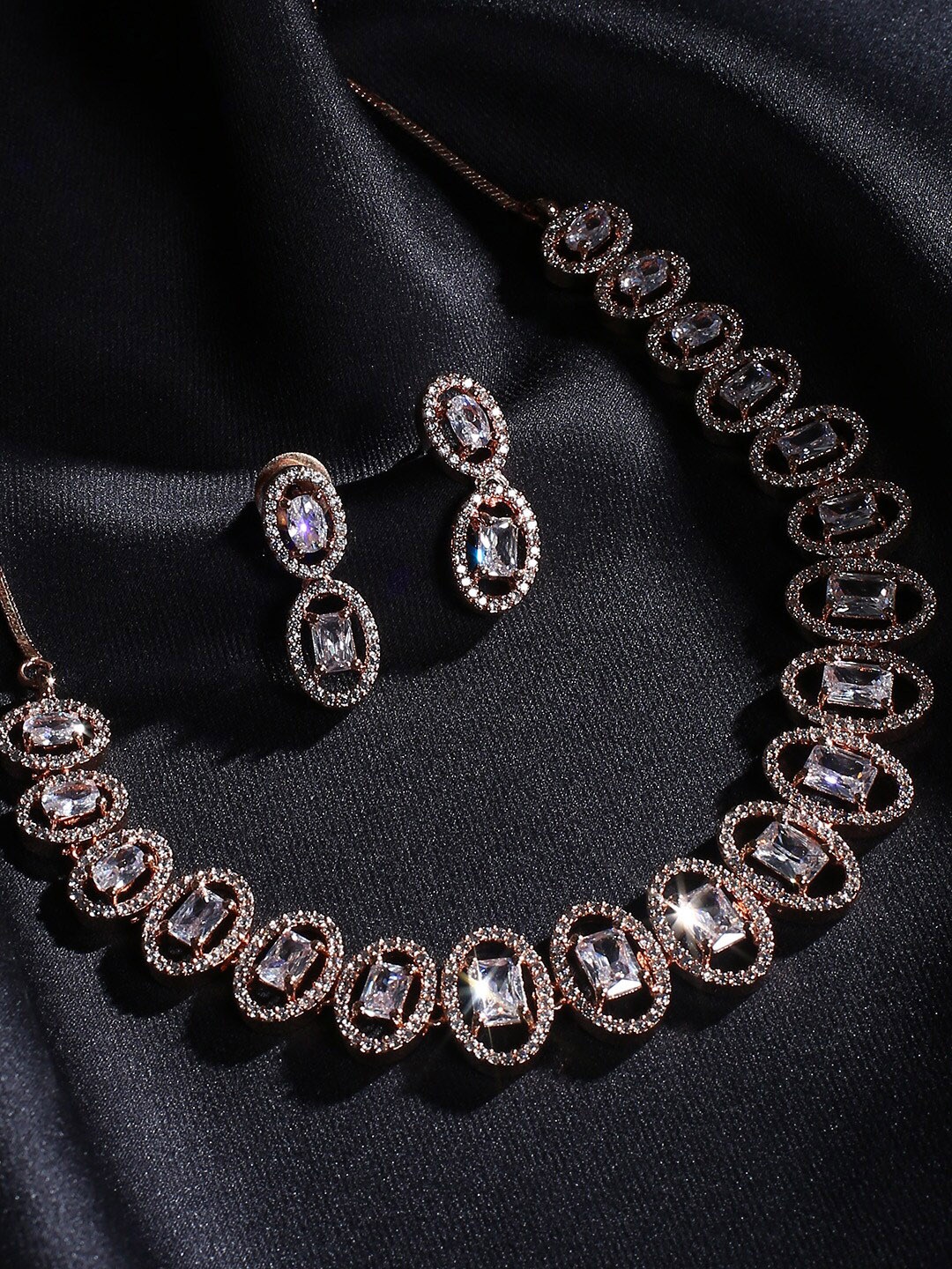 

justpeachy Rose Gold-Plated White AD-Studded Necklace Jewellery Set