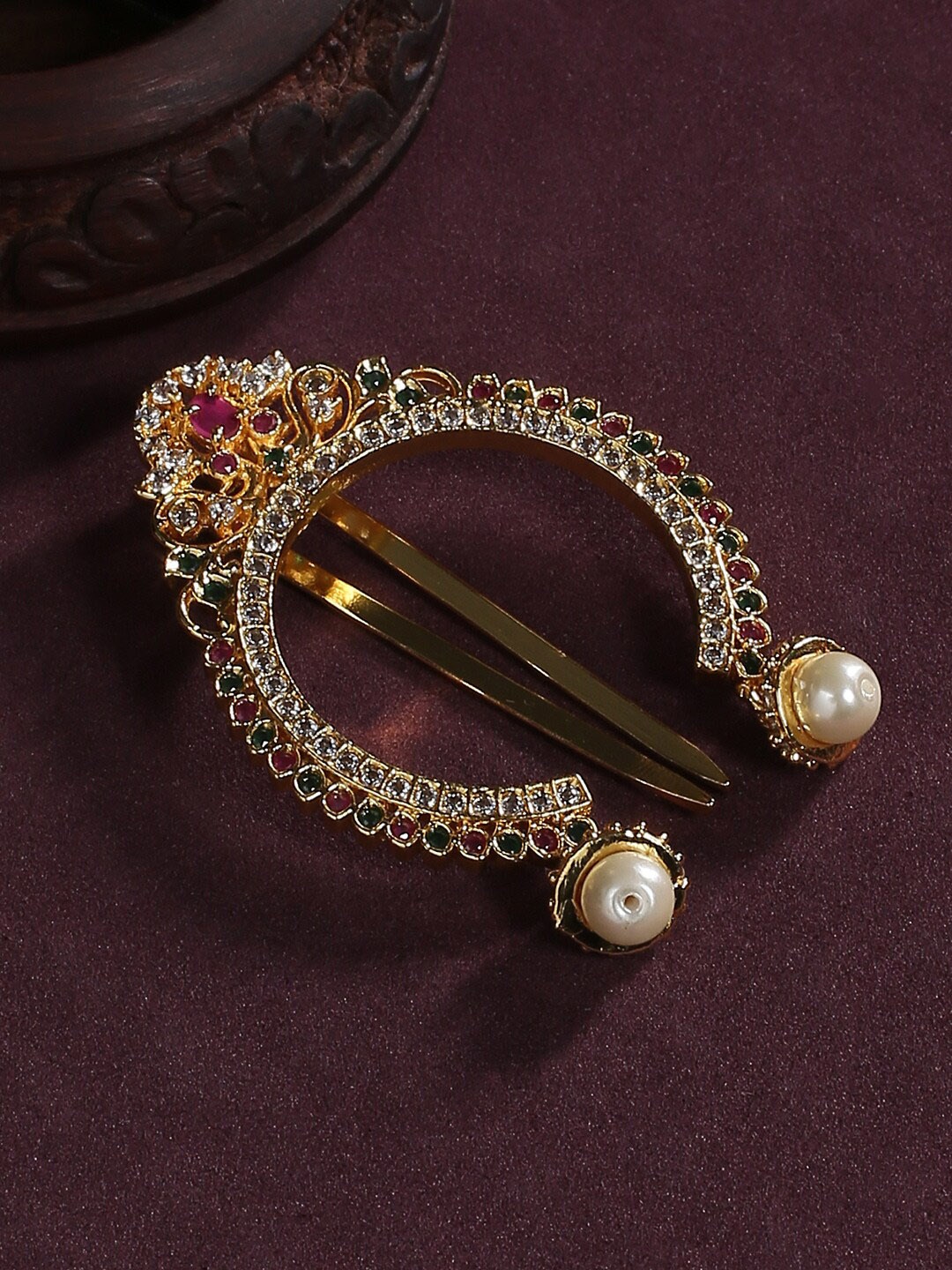 

justpeachy Gold-Plated White & Pink Stone-Studded & Beaded Bun Pin