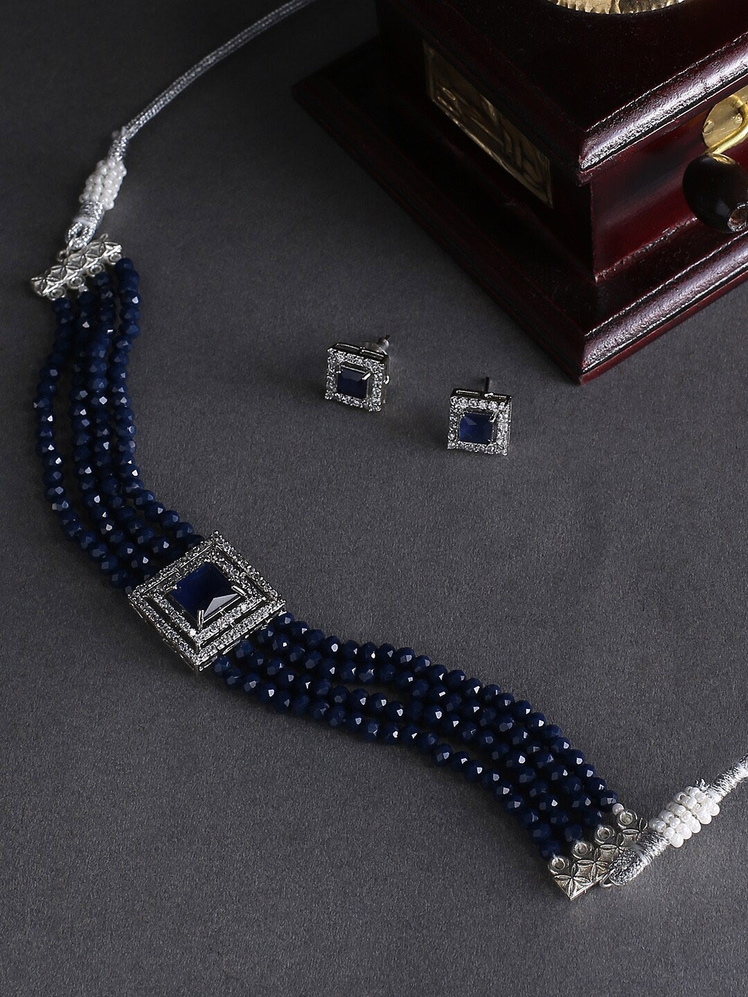 

justpeachy Gold-Plated White & Blue Stone Studded & Beaded Jewellery Set, Silver