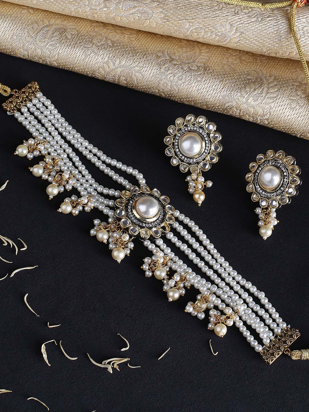 

justpeachy Gold-Plated & White Stone-Studded & Pearl Beaded Jewellery Set