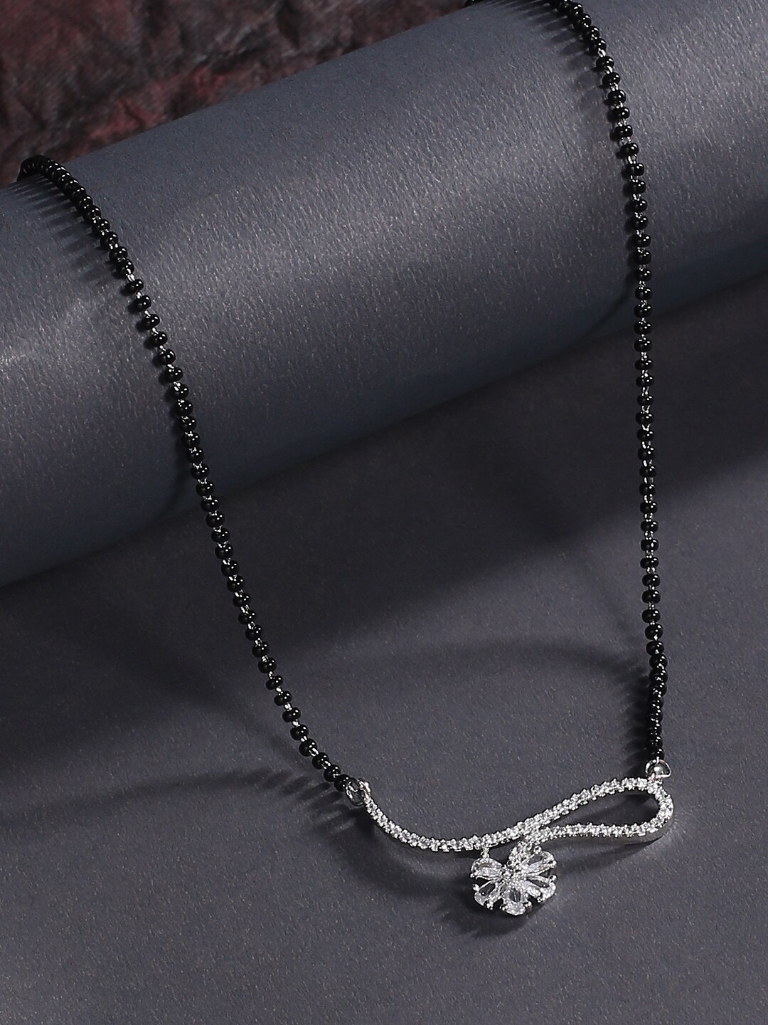 

justpeachy Rhodim Plated Silver AD Studded & Beaded Mangalsutra