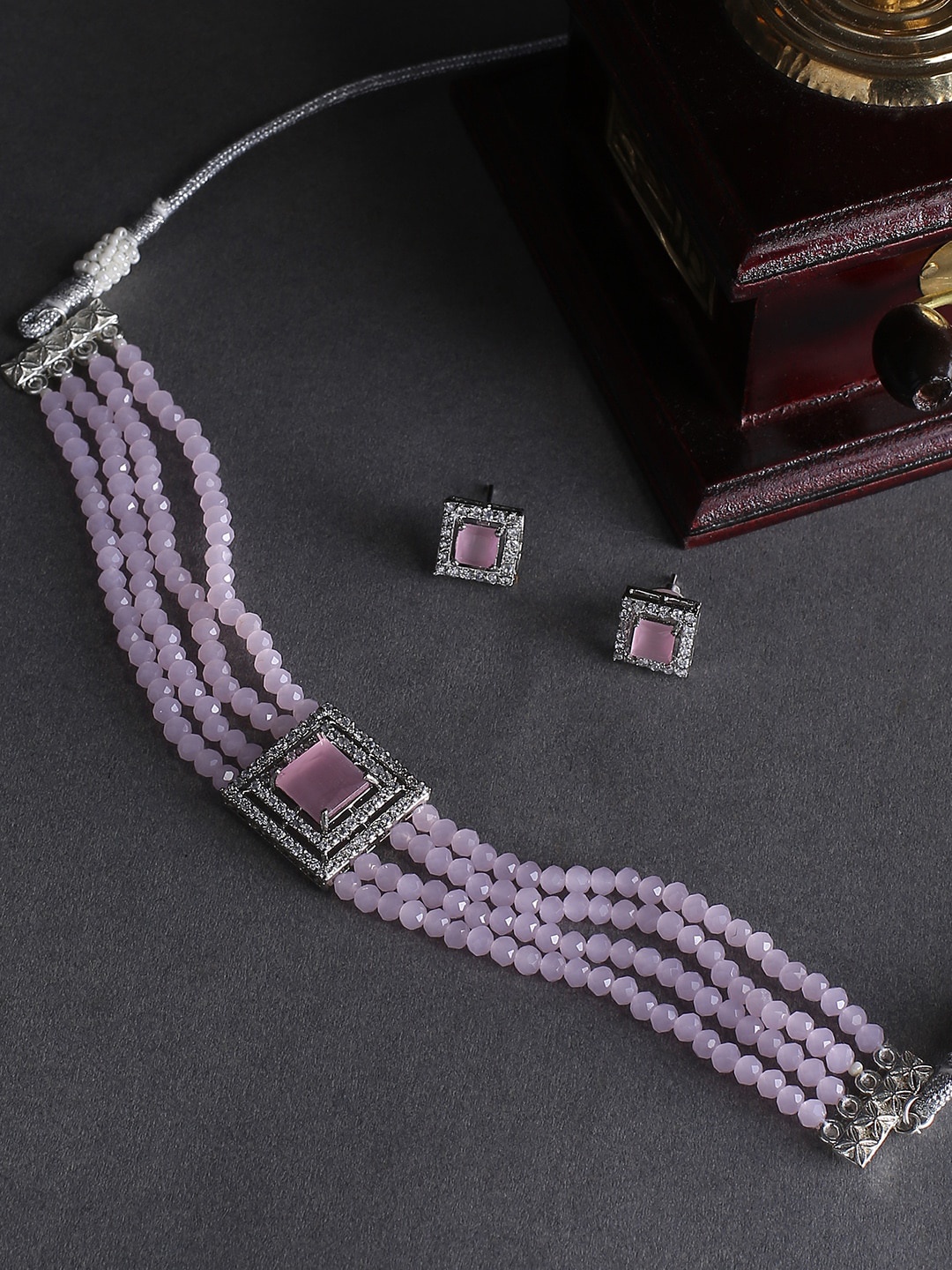 

justpeachy Pink Silver Plated AD Choker Set