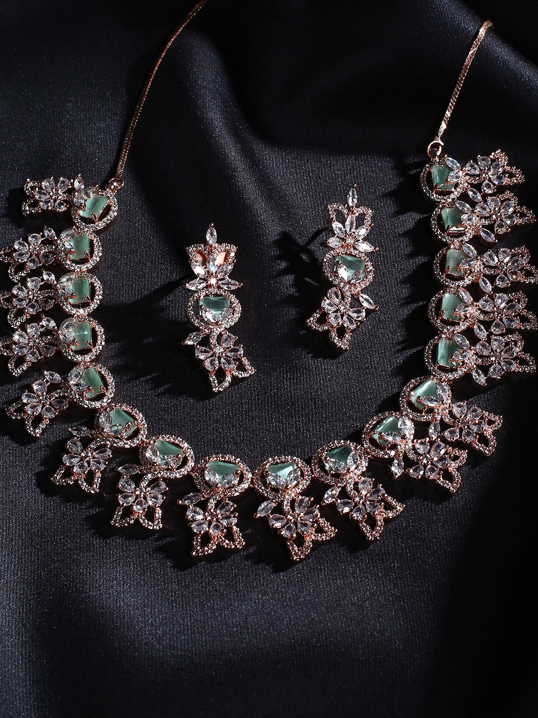 

justpeachy Rose Gold-Plated Sea Green Stone Studded Necklace Jewellery Set