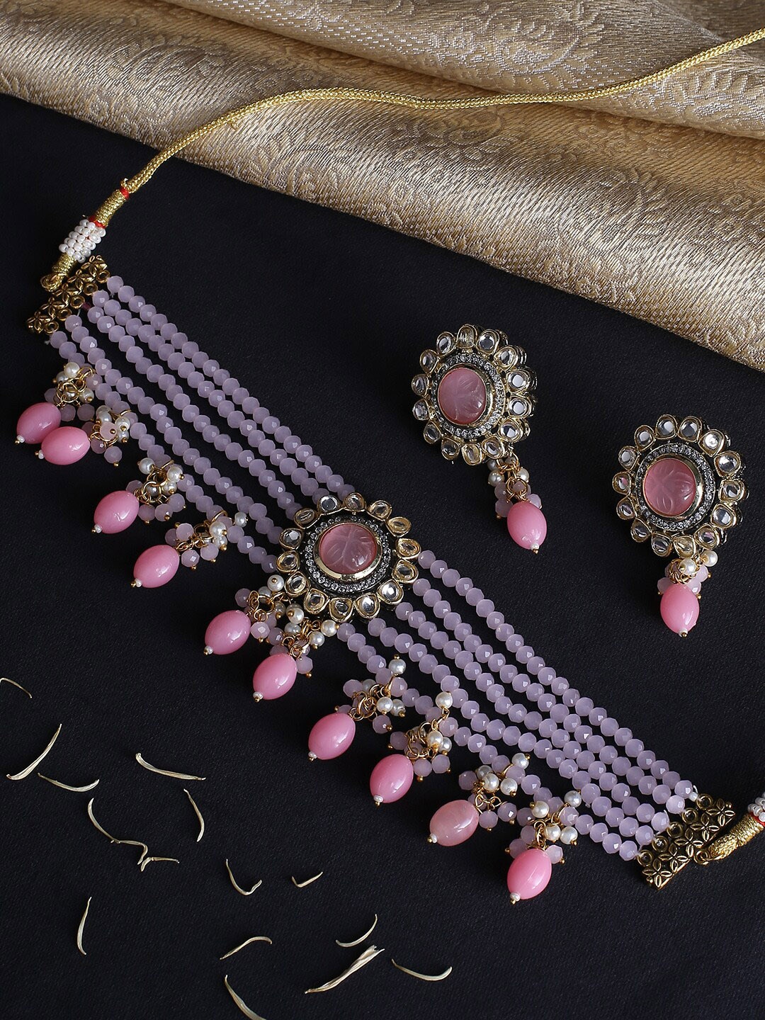 

justpeachy Women Pink Gold-Plated Jadau Artificial Stone & Beads Jewellery Set