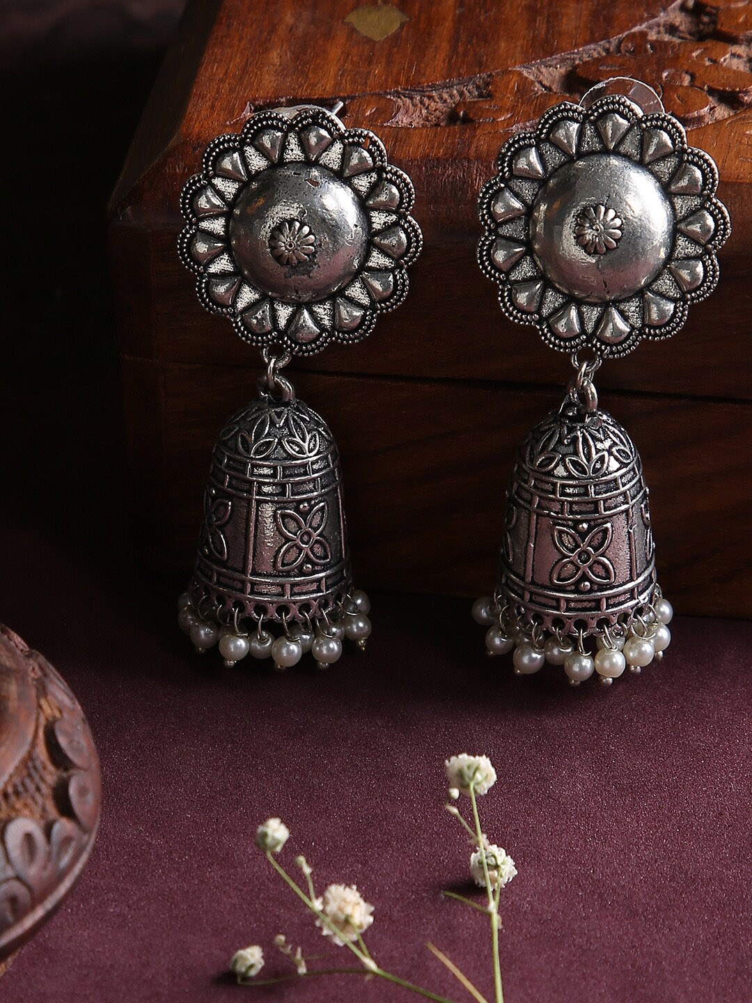 

justpeachy Silver-Toned Contemporary Jhumkas Earrings