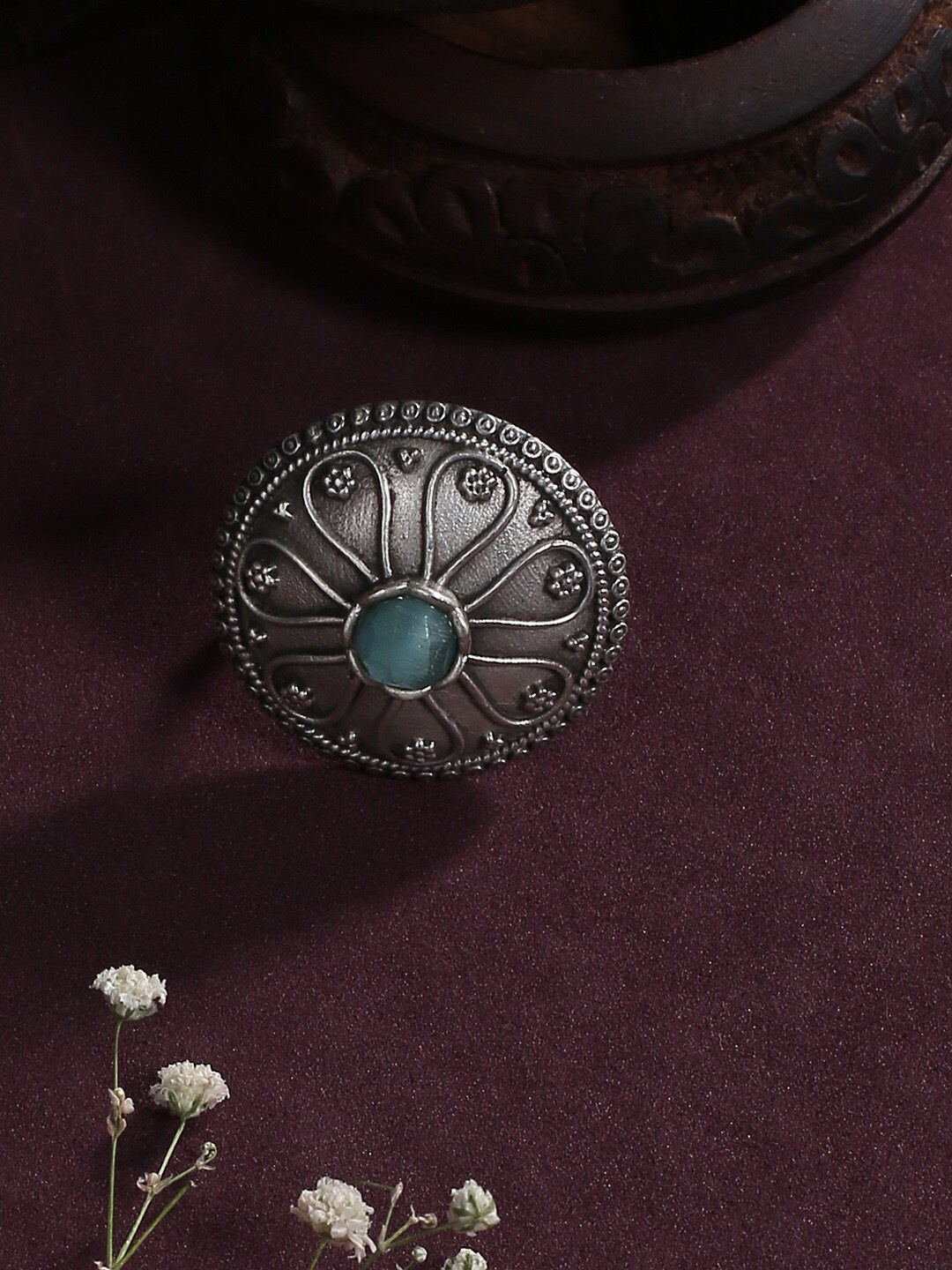 

justpeachy Oxidised Silver-Plated Green Stone Studded Finger Ring