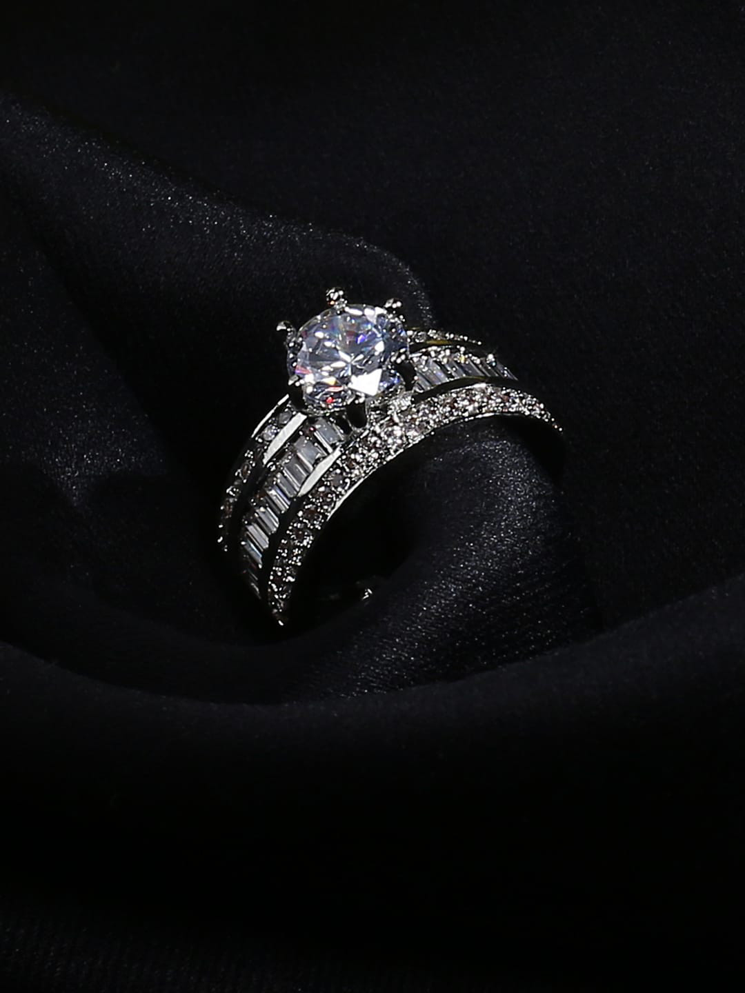 

justpeachy Silver-Plated & White American Diamond Studded Solitaire Finger Ring