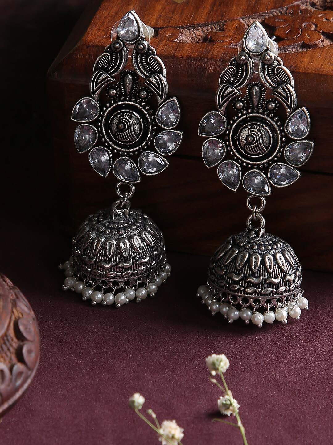 

justpeachy Silver-Toned Contemporary Jhumkas Earrings