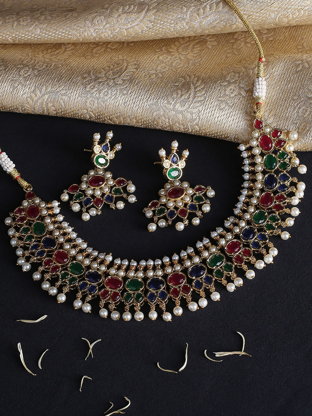 

justpeachy Gold-Plated Red & Blue Stone Studded Jewellery Set