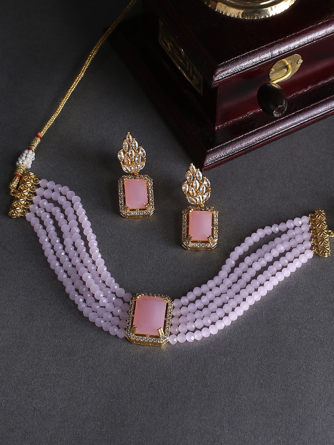 

justpeachy Women Pink & White Artificial Stone-Studded and Beaded Jewellery Set