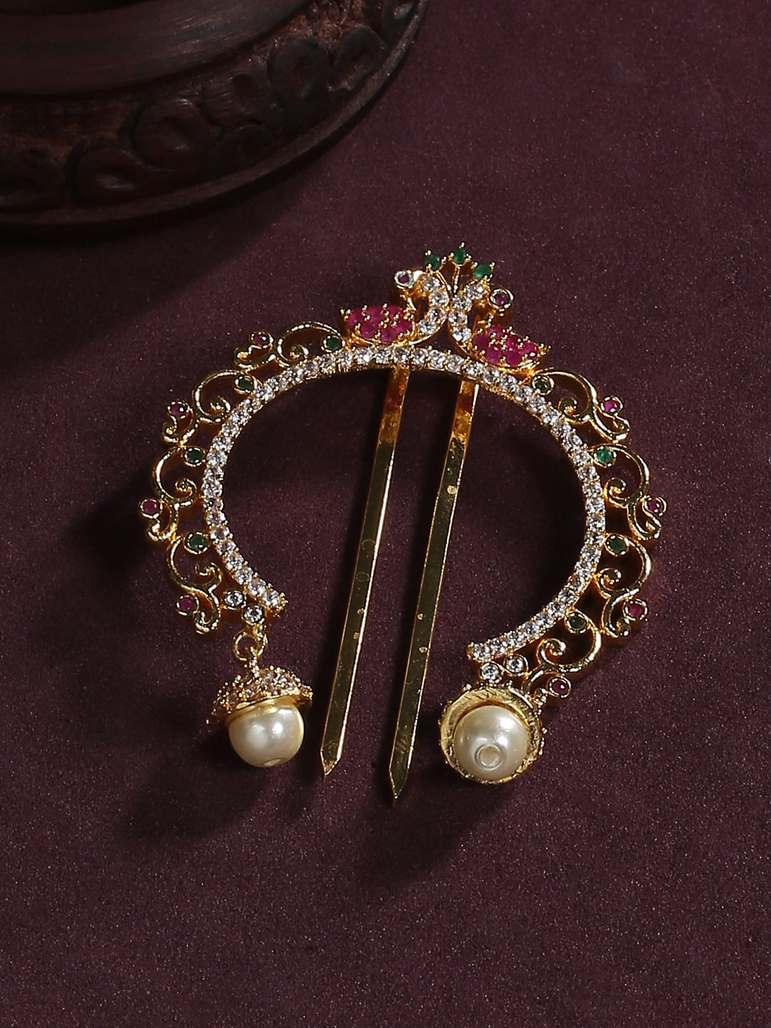 

justpeachy Gold-Plated Pink & Green Stone-Studded Bun Pin