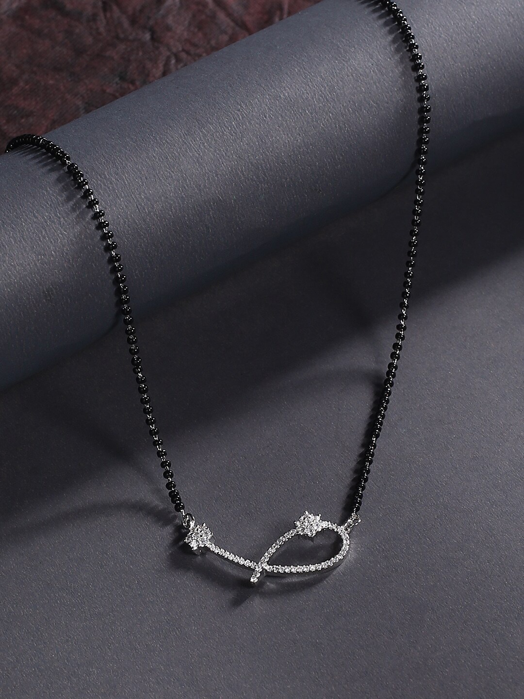 

justpeachy Rhodium-Plated White & Black AD-Studded & Beaded Mangalsutra Set, Silver