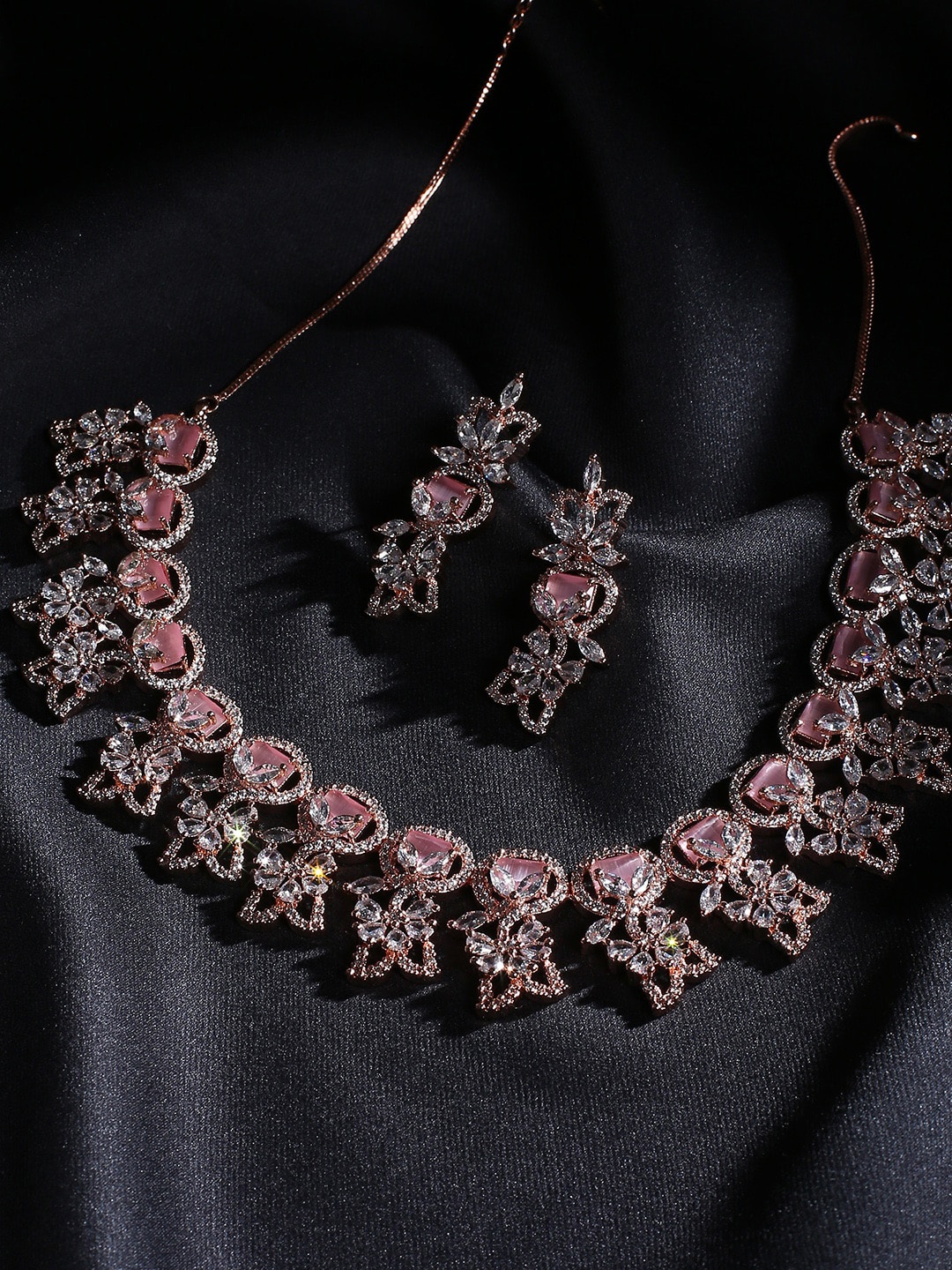 

justpeachy Rose Gold-Plated Pink & White AD Studded Jewellery Set