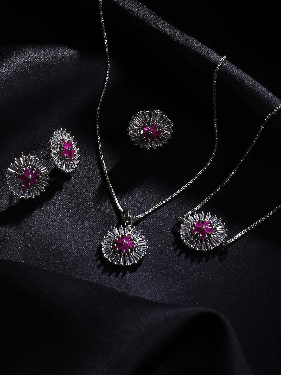 

justpeachy Silver-Plated & Magenta-Pink AD-Studded Jewellery Set