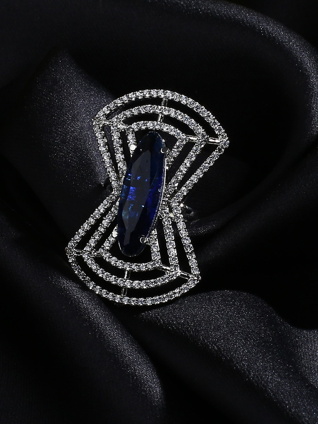 

justpeachy Women Blue & White Silver-Plated AD Studded Adjustable Finger Ring