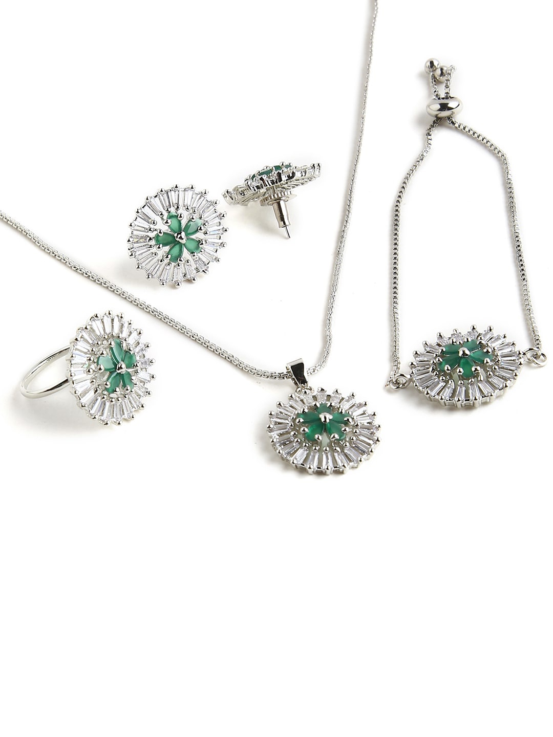 

justpeachy Silver-Plated White & Green AD Studded Jewellery Set