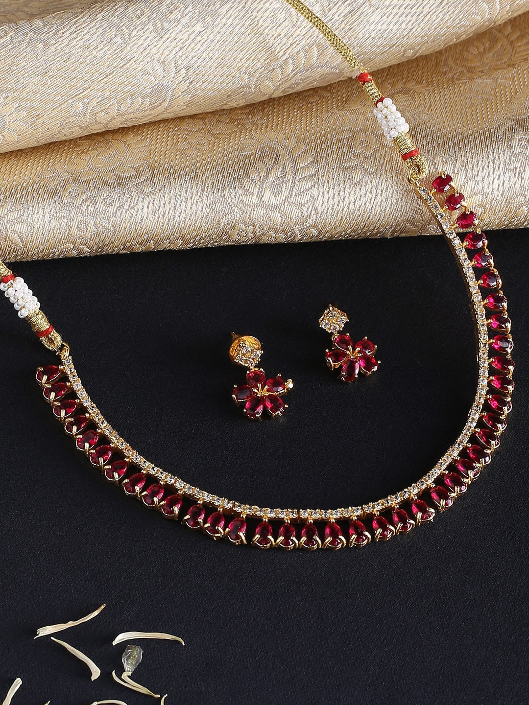 

justpeachy Red & White Gold-Plated American Diamond Studded Jewellery Set